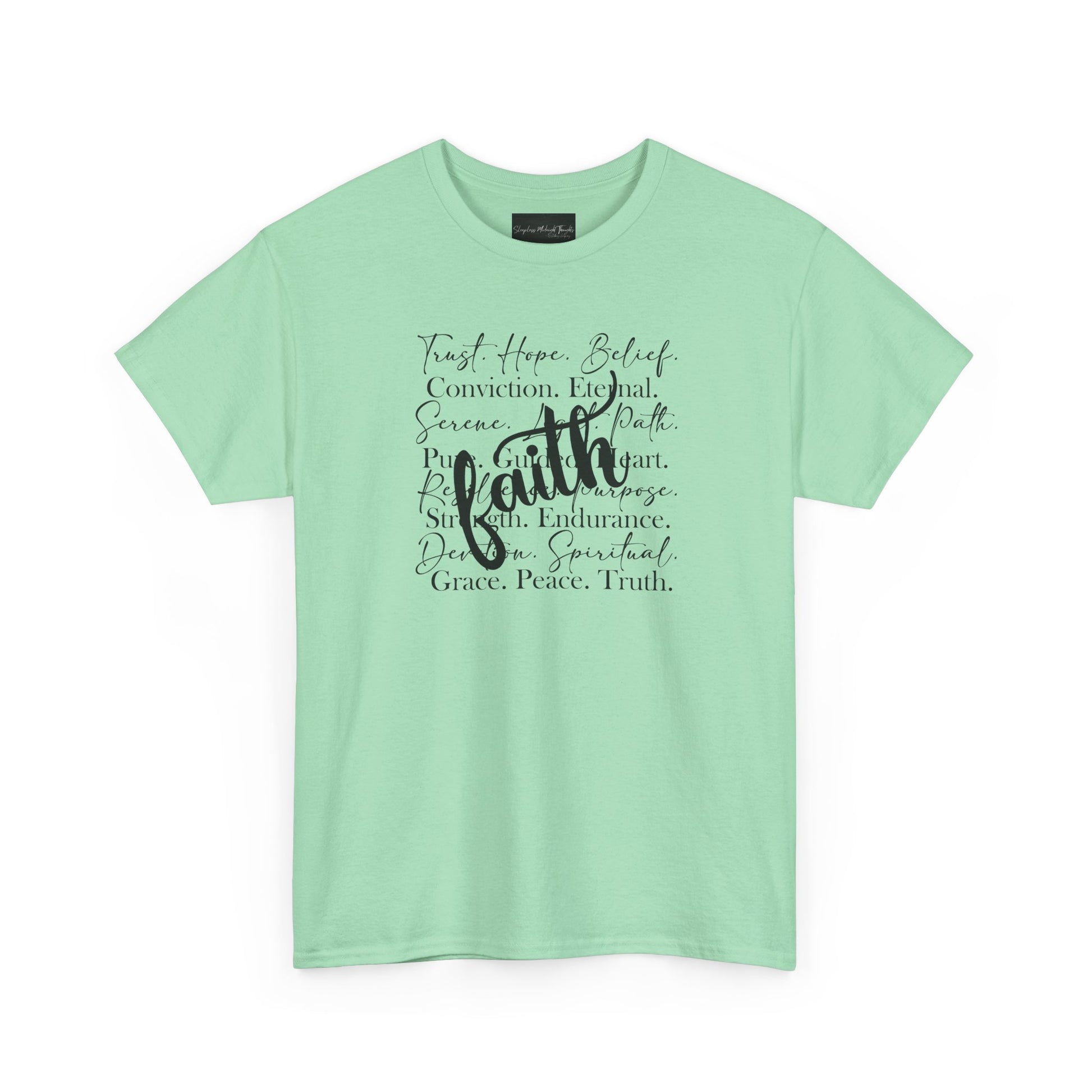 On the front of this custom Christian t-shirt are all the words that represent faith such as grace, conviction, endurance, purpose, trust, hope and many more, the word Faith is superimposed overtop.
