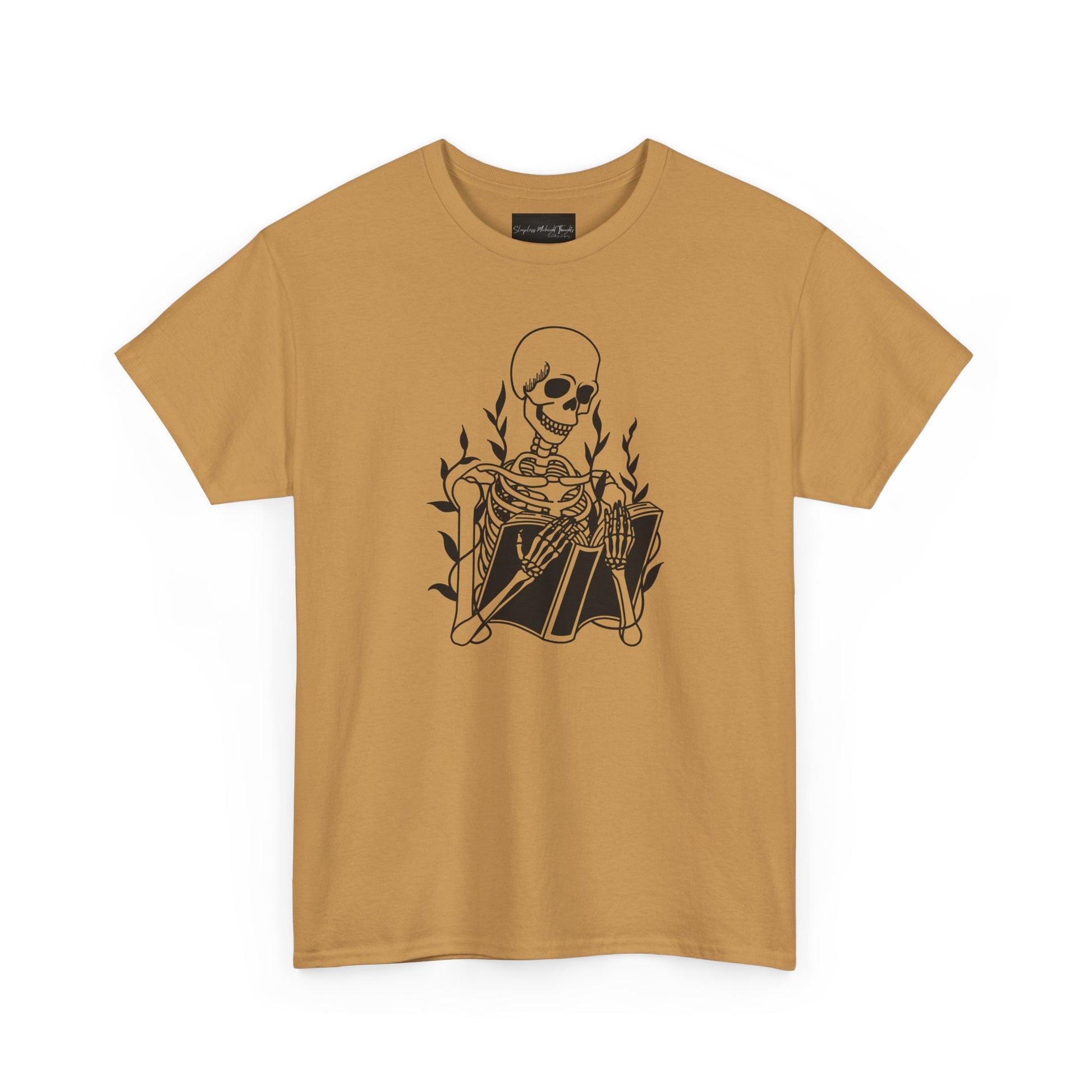 On the front of this custom unisex short sleeve shirt is a large image of a skeleton reading a book, there are vines with leaves on them behind the skeleton.