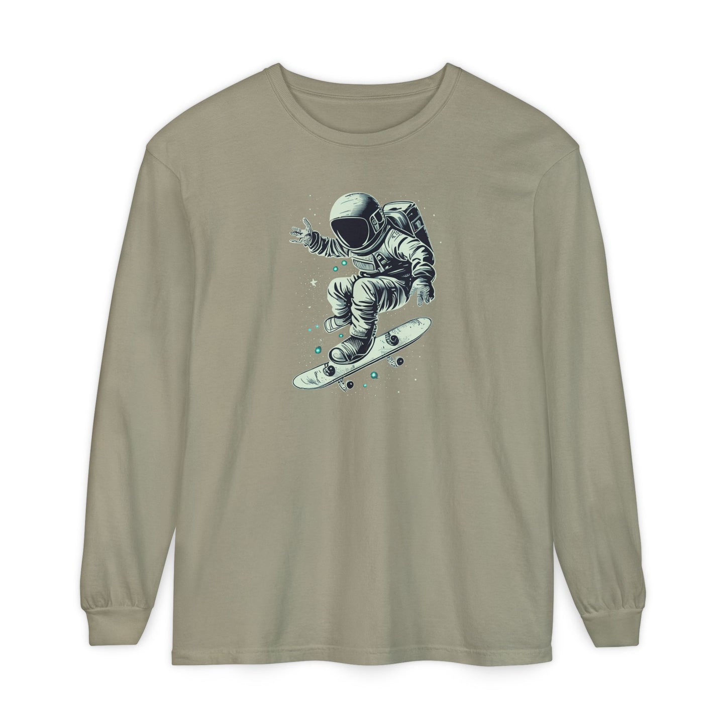 On the front of this custom unisex long sleeve shirt is an image of an astronaut riding a skateboard, there are a bunch of stars around the astronaut.