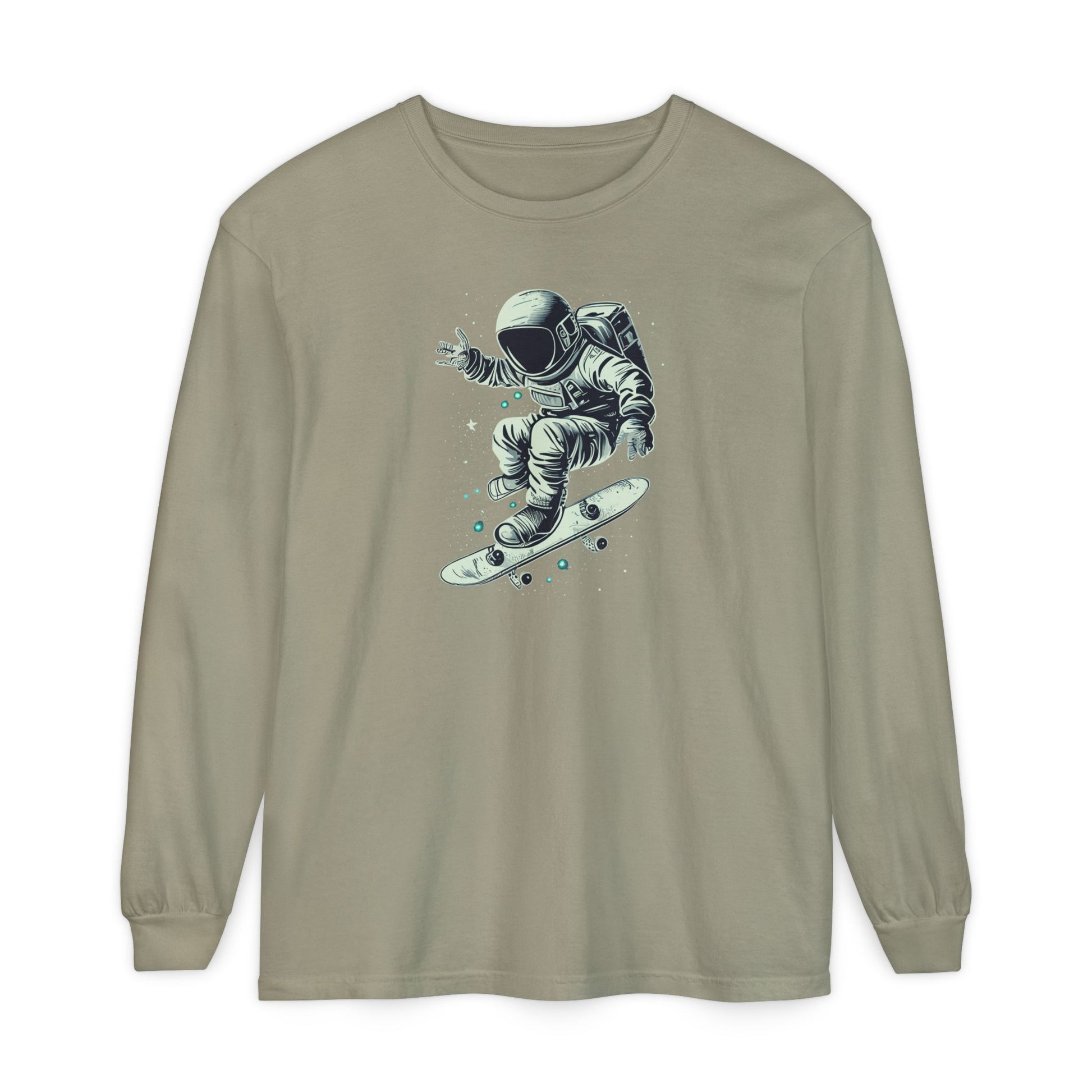 On the front of this custom unisex long sleeve shirt is an image of an astronaut riding a skateboard, there are a bunch of stars around the astronaut.