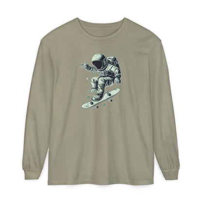 On the front of this custom unisex long sleeve shirt is an image of an astronaut riding a skateboard, there are a bunch of stars around the astronaut.