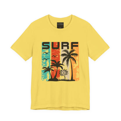 On the front of this custom vacation shirt is the word SURF in large letters at the top of the shirt, each letter has a different colored line through it to the bottom, there are images of palm trees and birds flying underneath the word.