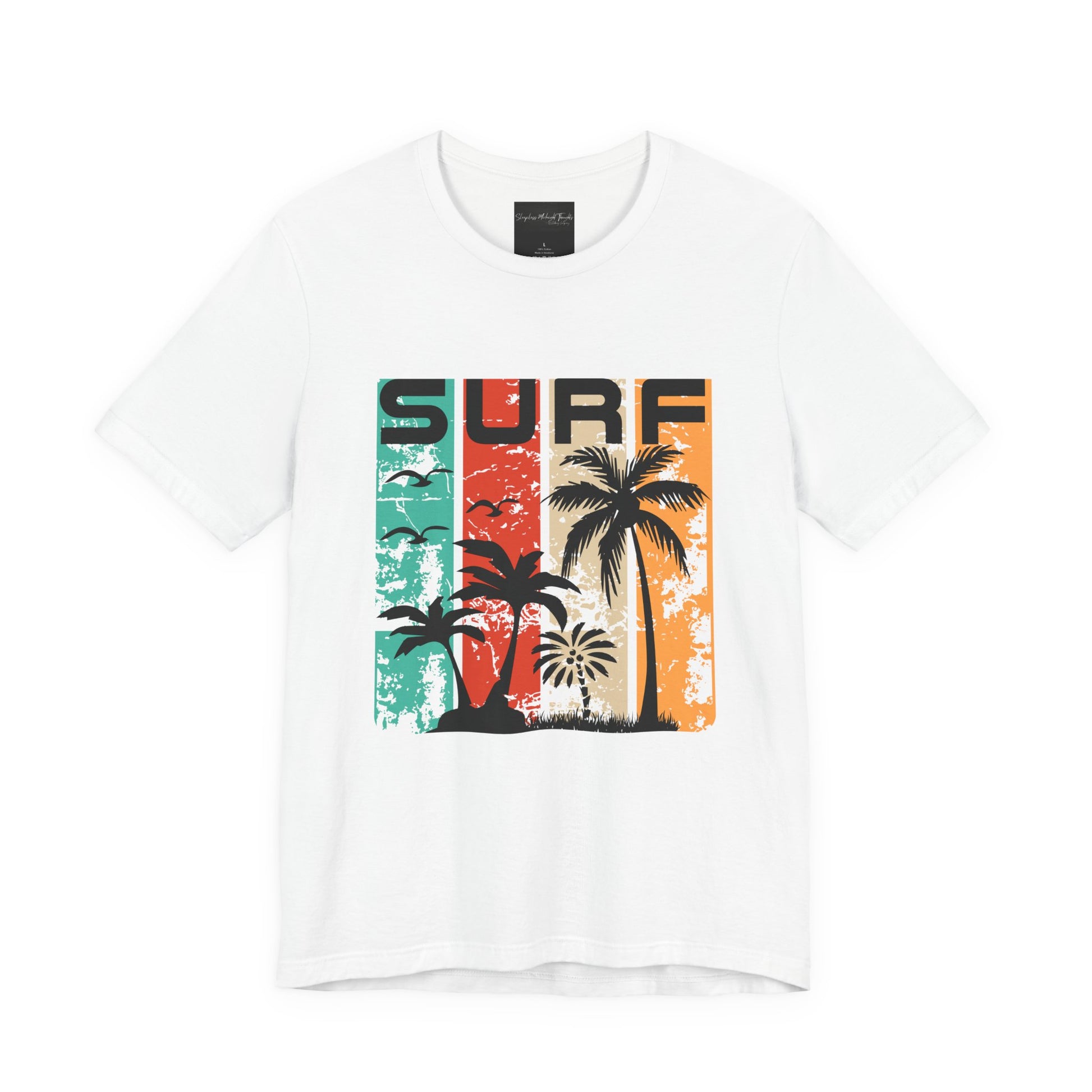 On the front of this custom vacation shirt is the word SURF in large letters at the top of the shirt, each letter has a different colored line through it to the bottom, there are images of palm trees and birds flying underneath the word.