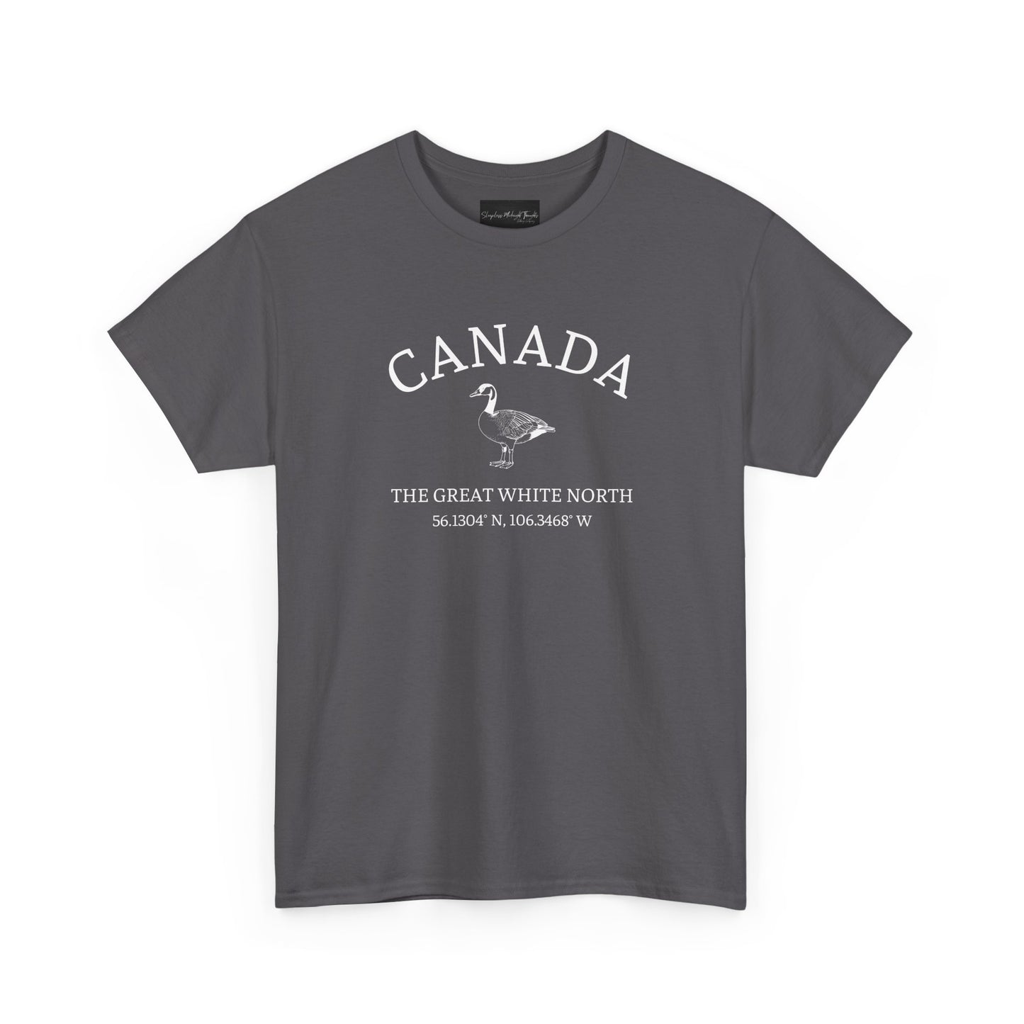 On the front of this patriotic short sleeve shirt is an image of a Canadian Goose with the word Canada above it in a half circle, the words "The Great White North" are underneath the image with Canada's coordinates underneath that.