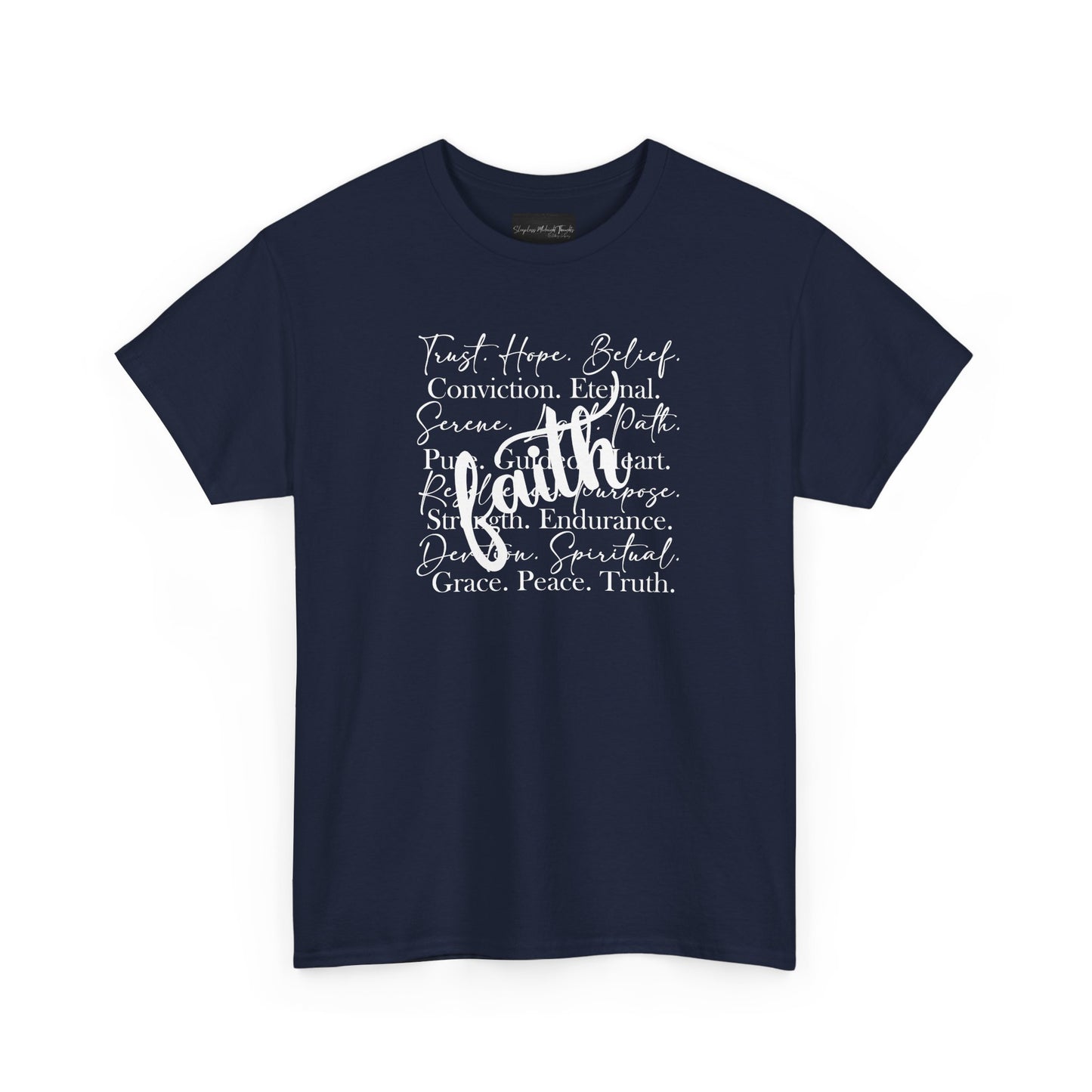 On the front of this custom Christian t-shirt are all the words that represent faith such as grace, conviction, endurance, purpose, trust, hope and many more, the word Faith is superimposed overtop.