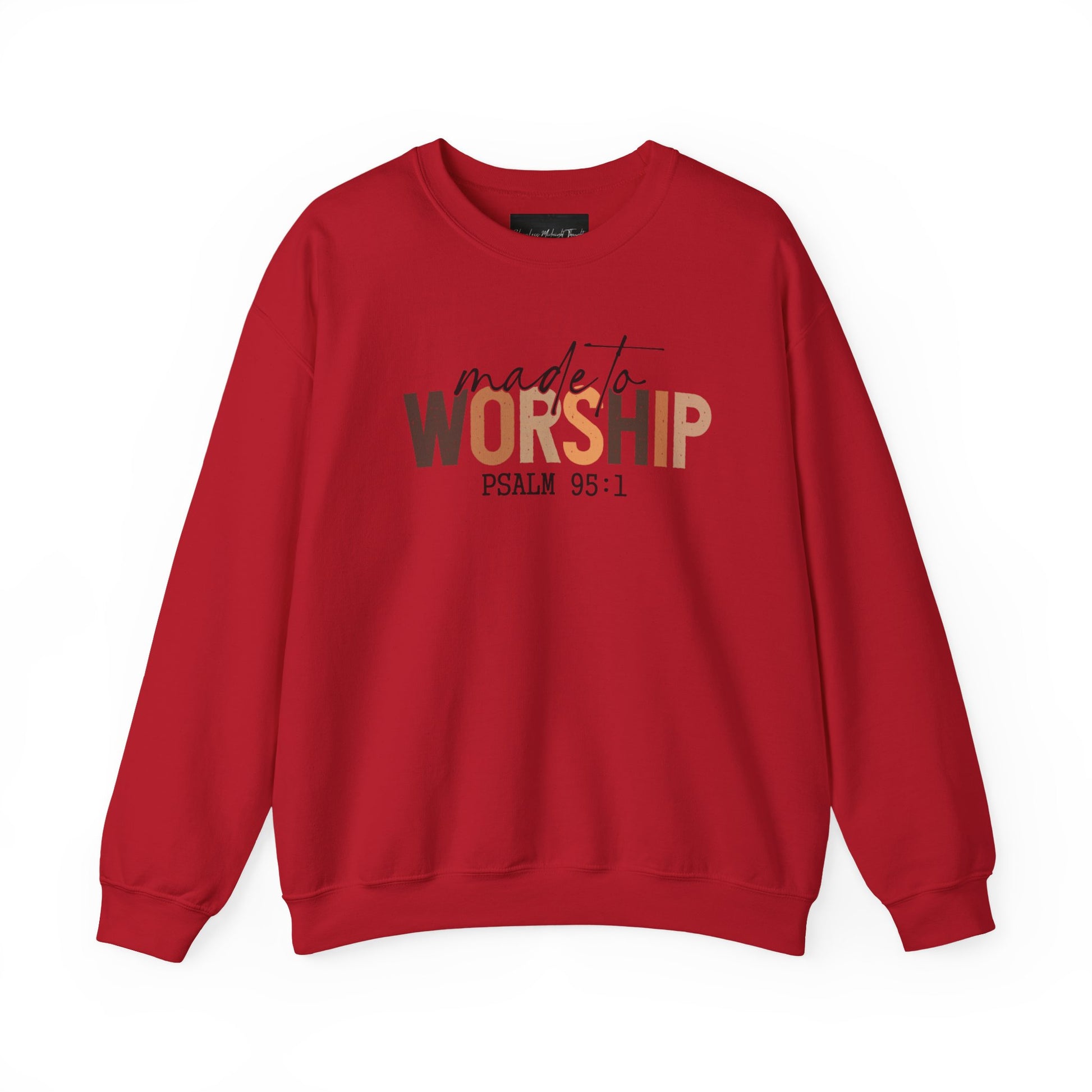 On the front of this Christian pullover sweatshirt it says Made To Worship Psalm 95:1, the word worship is done in large block letters with every letter being a different shade of brown.