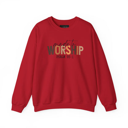 On the front of this Christian pullover sweatshirt it says Made To Worship Psalm 95:1, the word worship is done in large block letters with every letter being a different shade of brown.