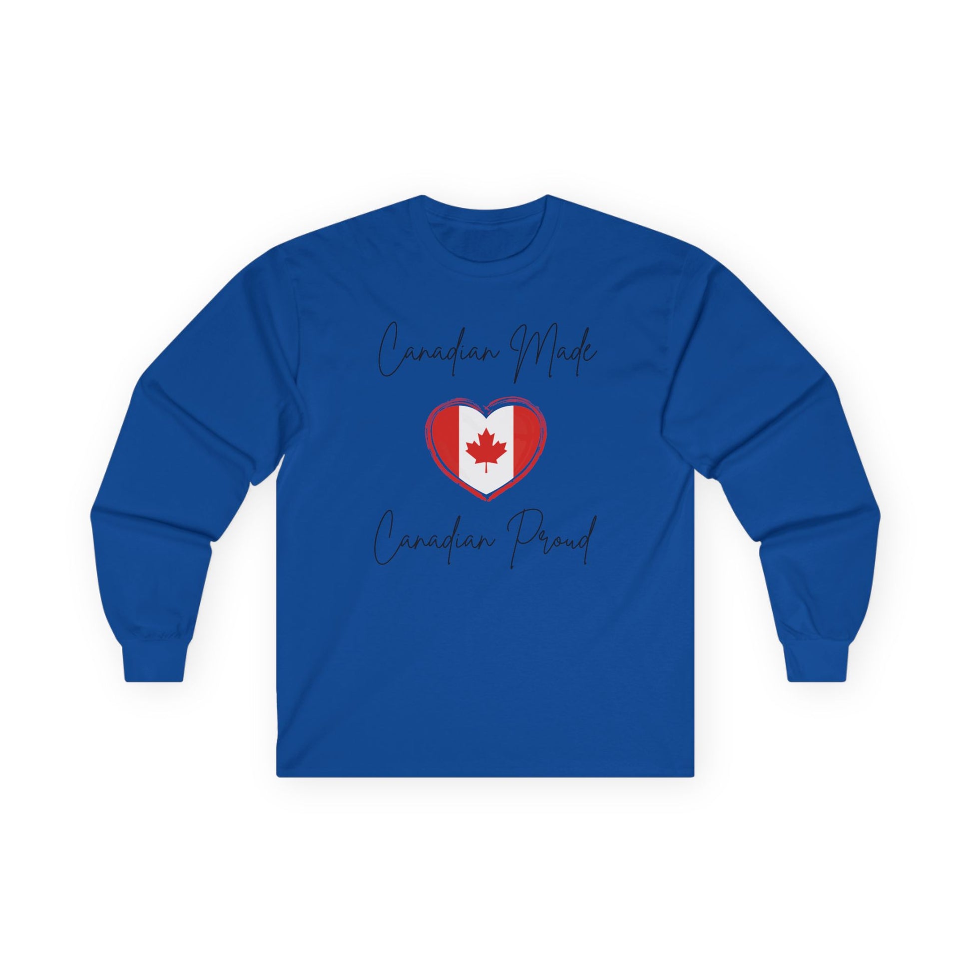 On the front of this custom Canadian patriotic long sleeve t-shirt are the words Canadian Made Canadian Proud in a beautiful cursive font, there is a Canadian flag in the middle that is in the shape of a heart.