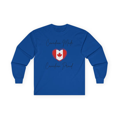 On the front of this custom Canadian patriotic long sleeve t-shirt are the words Canadian Made Canadian Proud in a beautiful cursive font, there is a Canadian flag in the middle that is in the shape of a heart.