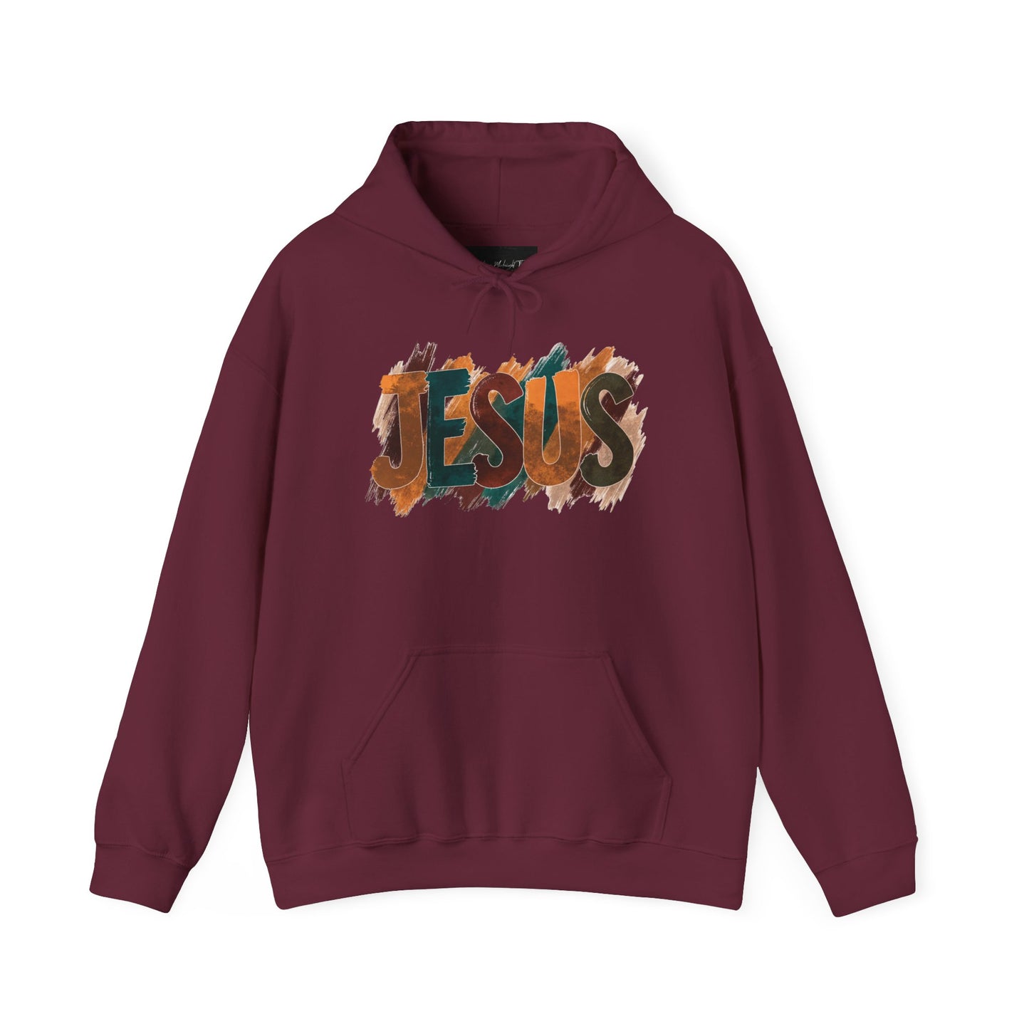 On the front of this Christian hoodie is the name Jesus is large bubble letters with each letter being a different Autumn color, this sweater is perfect for fall time.