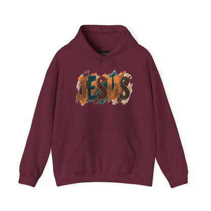 On the front of this Christian hoodie is the name Jesus is large bubble letters with each letter being a different Autumn color, this sweater is perfect for fall time.