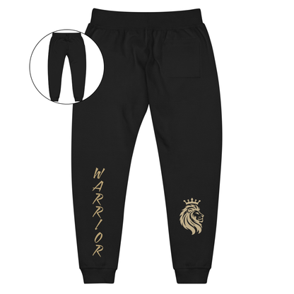 A pair of super soft ankle length unisex sweatpants, there are two pockets on the front and one pocket on the back right, the word warrior is in gold on the back left leg from the knee down and a male lion with a crown on the other
