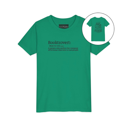 On the front of this custom youth t-shirt it says the word Booktrovert in large letter with the meaning of the words underneath it, on the back of the shirt is an image of a large stack of books.