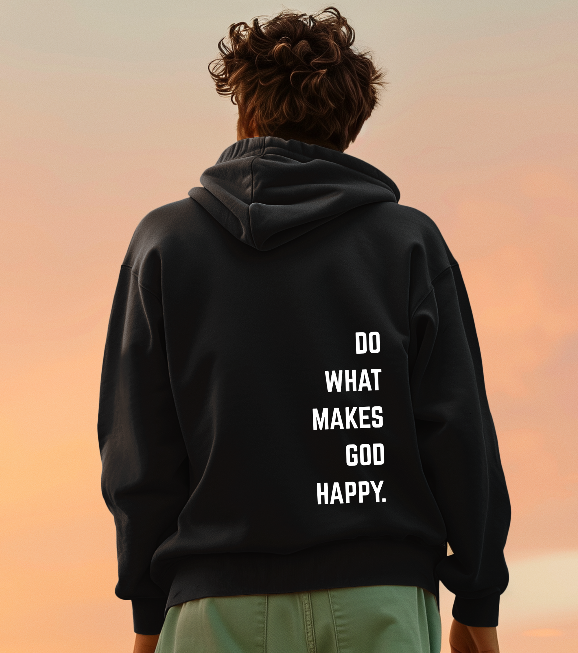 On the back of this Christian hoodie along the right side are the words Do what makes God Happy, every different color of hoodie has a different color of font.