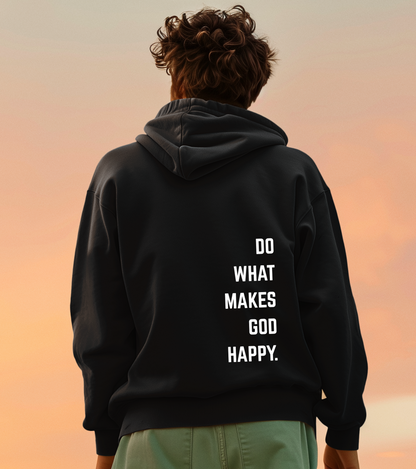 On the back of this Christian hoodie along the right side are the words Do what makes God Happy, every different color of hoodie has a different color of font.