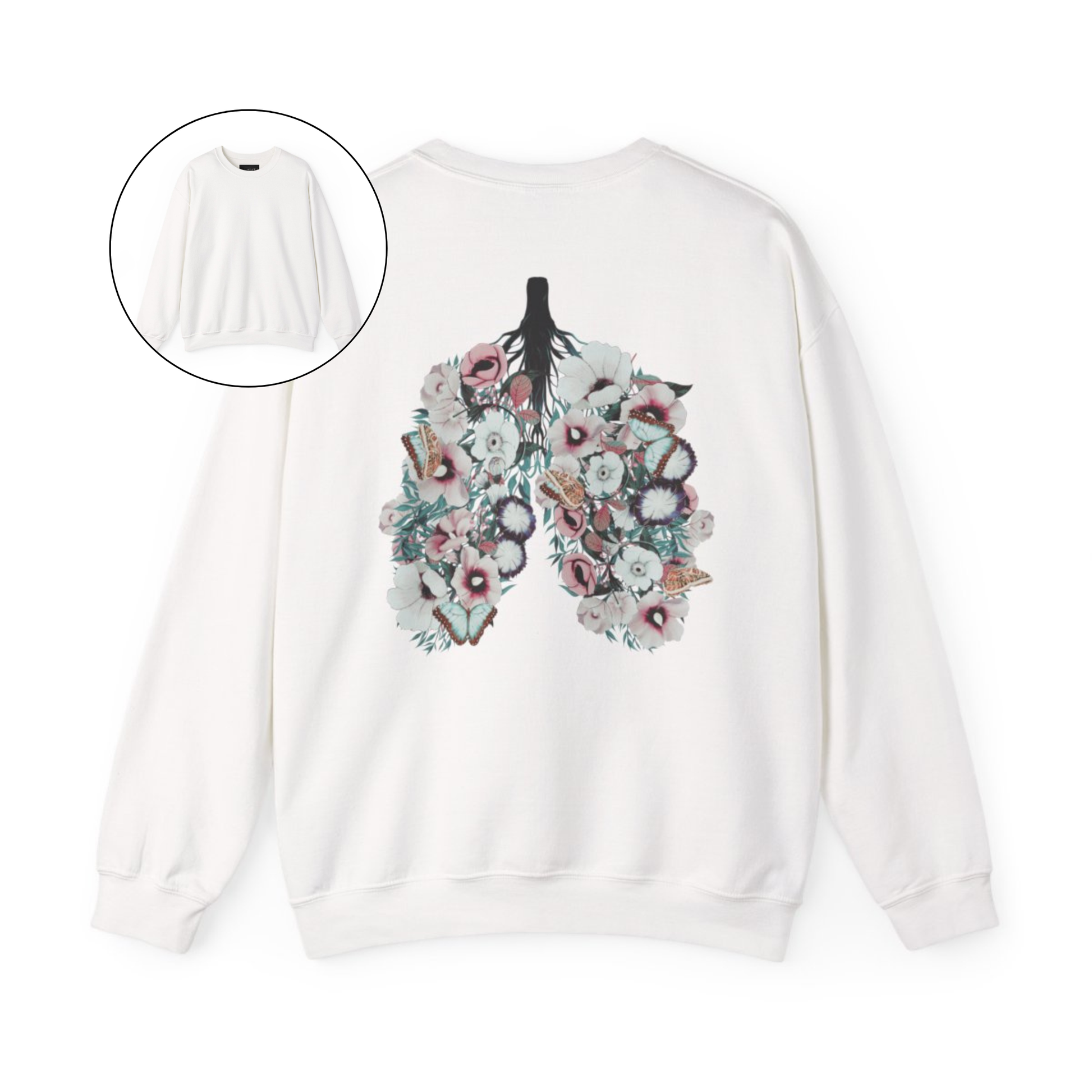 On the back of this women's pullover sweatshirt is an image of a set of lungs, but the lungs are made out of vines with pink and white flowers all over them, there are butterflies sitting in top of the flowers that are light blue in color.