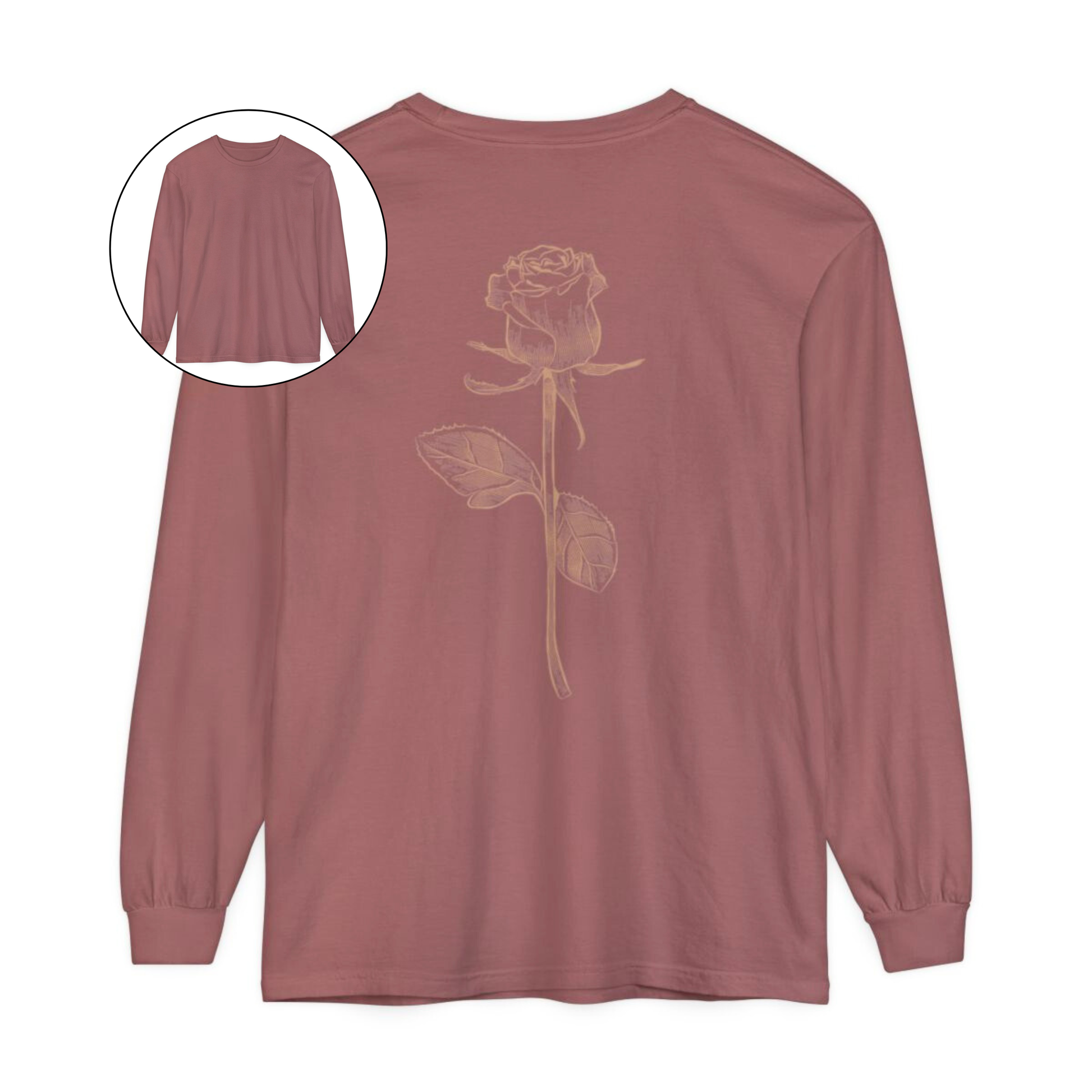 On the back of this custom women's long sleeve tee is a beige colored long stem rose that is the length of the shirt