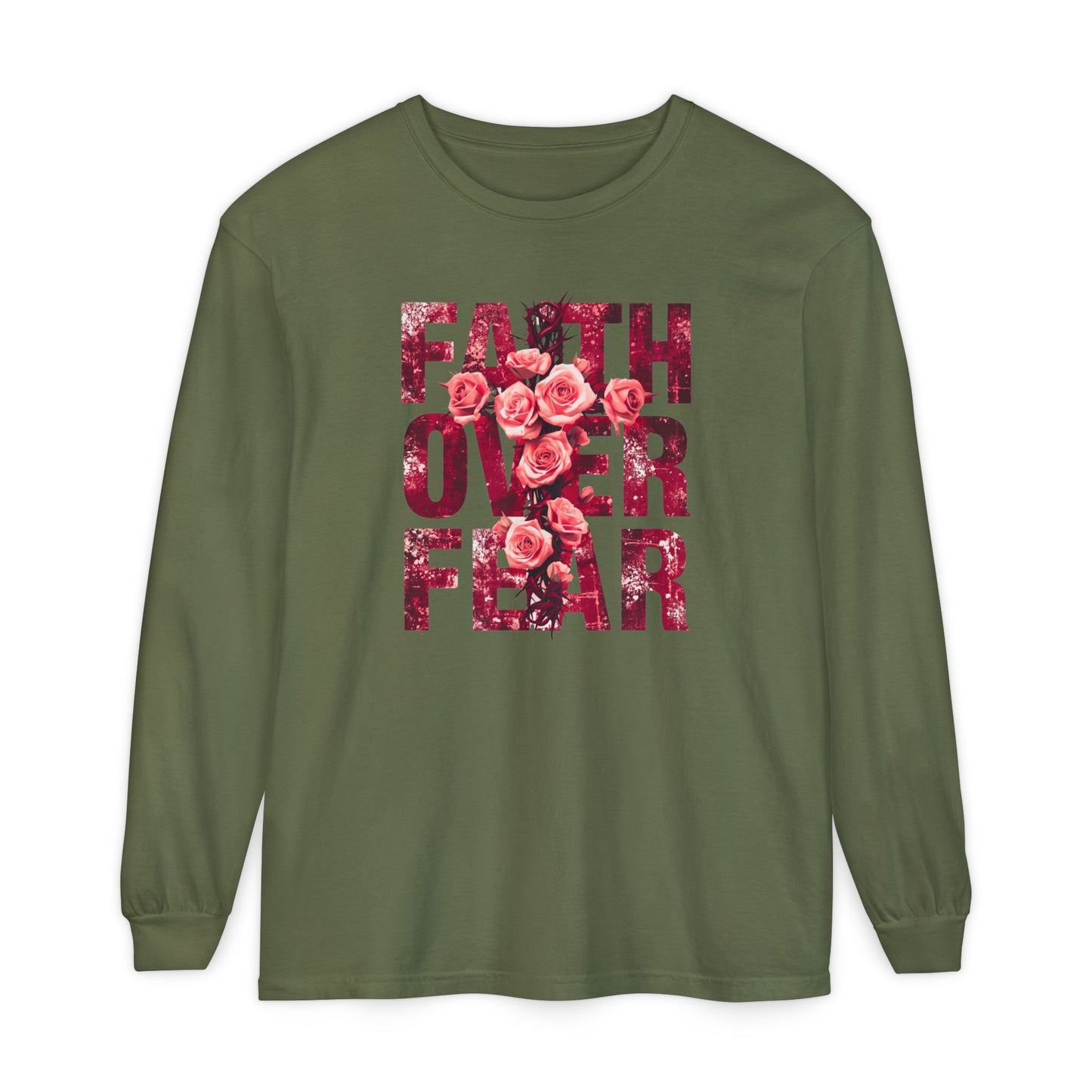 On the front of this Christian vintage long sleeve shirt are the words Faith Over Fear in large block letters with a cross made of thorns in the middle that is covered in roses.