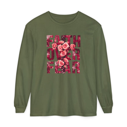 On the front of this Christian vintage long sleeve shirt are the words Faith Over Fear in large block letters with a cross made of thorns in the middle that is covered in roses.