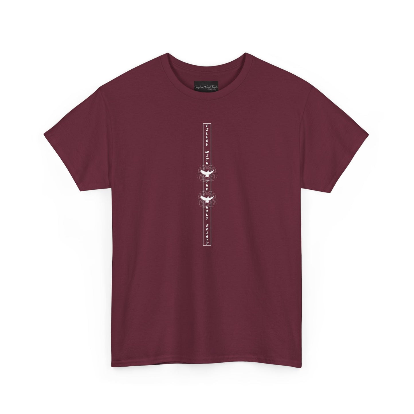 On the front of this custom unisex short sleeve shirt, starting from the neckline horizontally down are the words Filled with the Holy Spirit, there are two doves in-between the words.