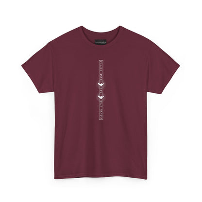 On the front of this custom unisex short sleeve shirt, starting from the neckline horizontally down are the words Filled with the Holy Spirit, there are two doves in-between the words.