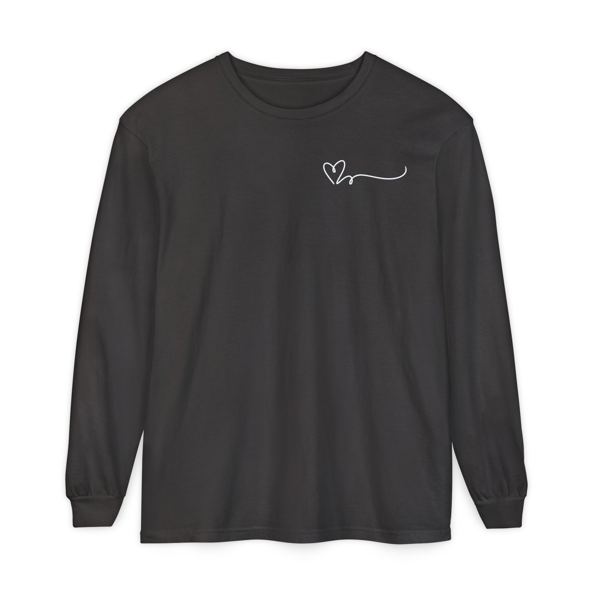 On the top right chest of this custom long sleeve t-shirt is a heart with a trail behind it signifying a heartbeat that you would see on a heart monitor. Perfect for health care workers and teachers.