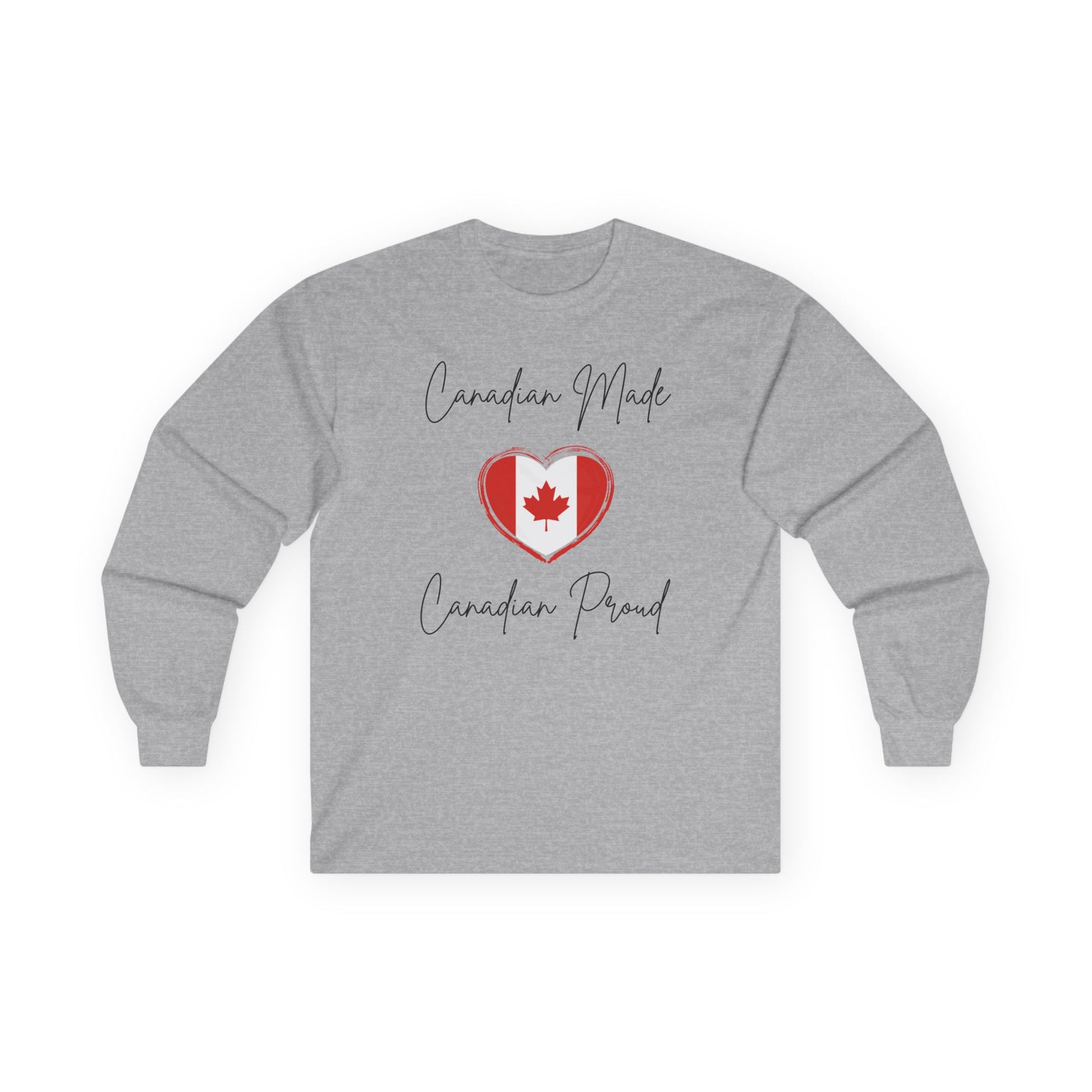 On the front of this custom Canadian patriotic long sleeve t-shirt are the words Canadian Made Canadian Proud in a beautiful cursive font, there is a Canadian flag in the middle that is in the shape of a heart.