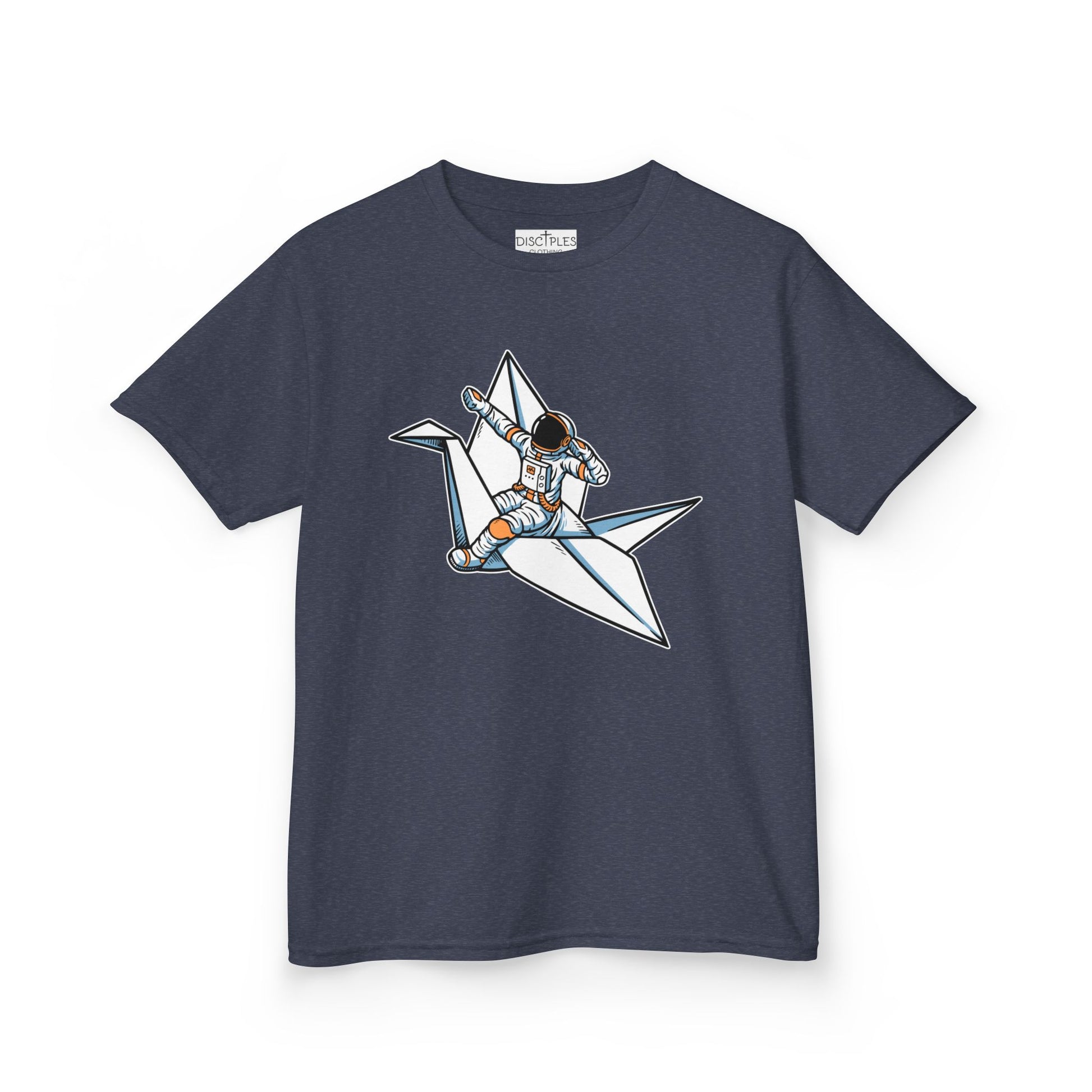 On the front of this custom kids t-shirt is an image of a astronaut flying on a paper plane.