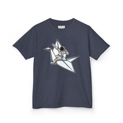 On the front of this custom kids t-shirt is an image of a astronaut flying on a paper plane.