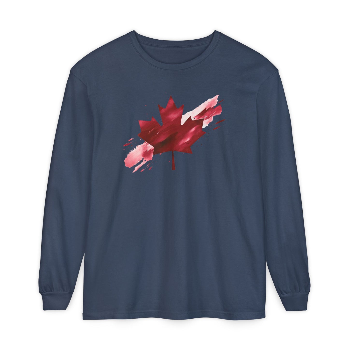 On the front of this unisex long sleeve shirt is an image of a Canadian maple leaf that is bright red, it looks like it has been spray painted onto the front of the shirt.