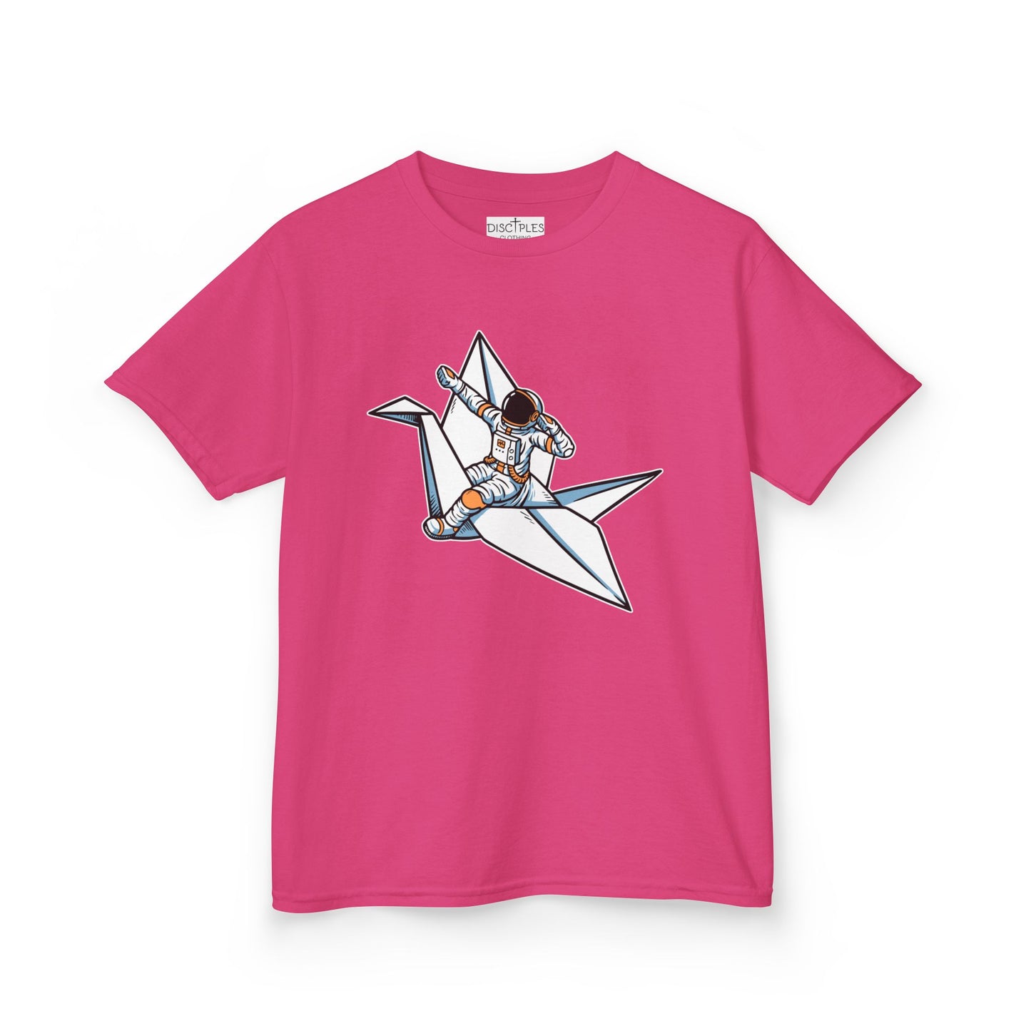 On the front of this custom kids t-shirt is an image of a astronaut flying on a paper plane.