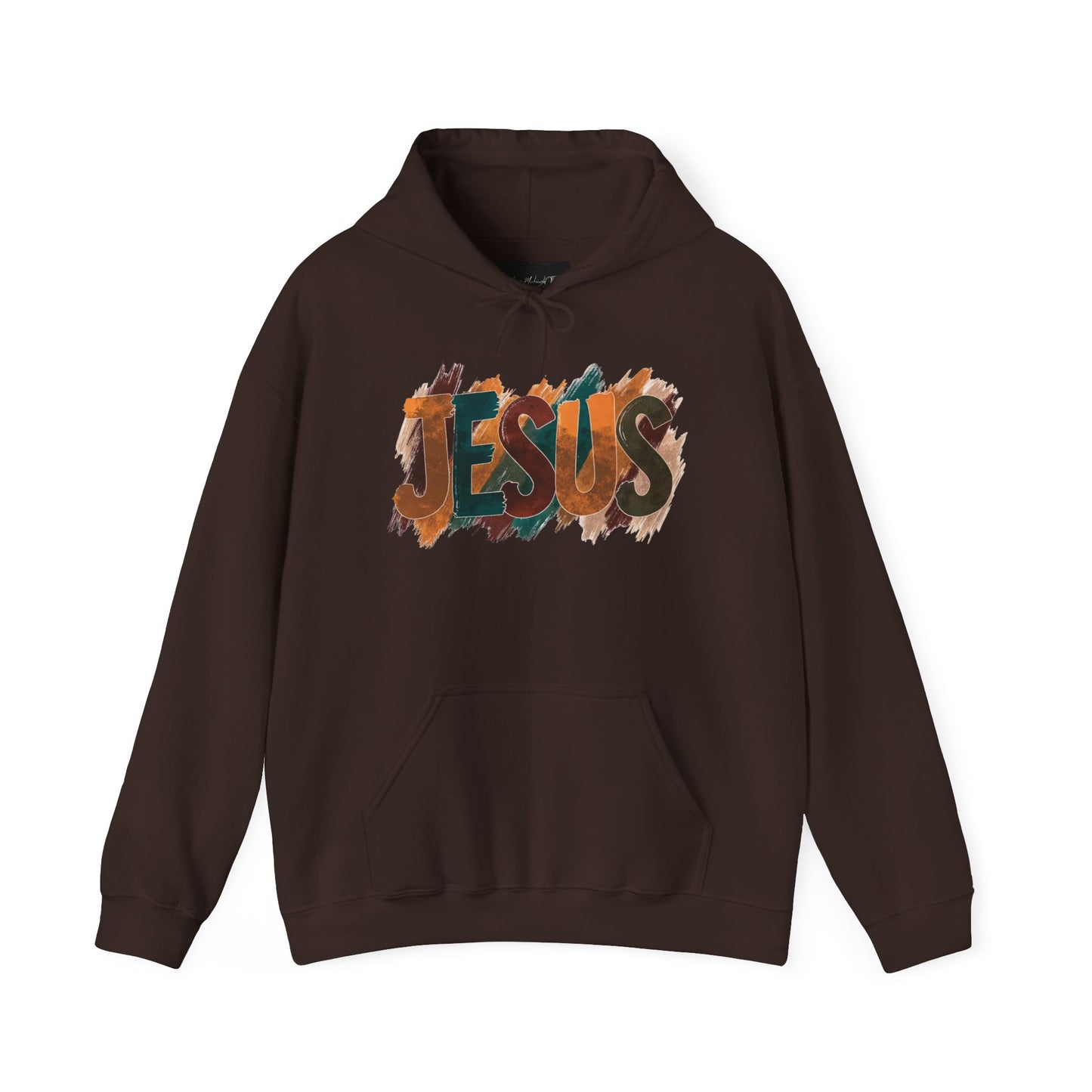 On the front of this Christian hoodie is the name Jesus is large bubble letters with each letter being a different Autumn color, this sweater is perfect for fall time.