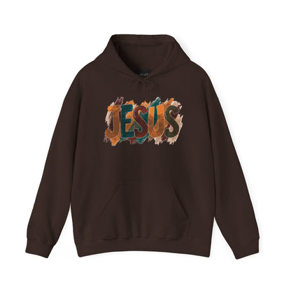 On the front of this Christian hoodie is the name Jesus is large bubble letters with each letter being a different Autumn color, this sweater is perfect for fall time.