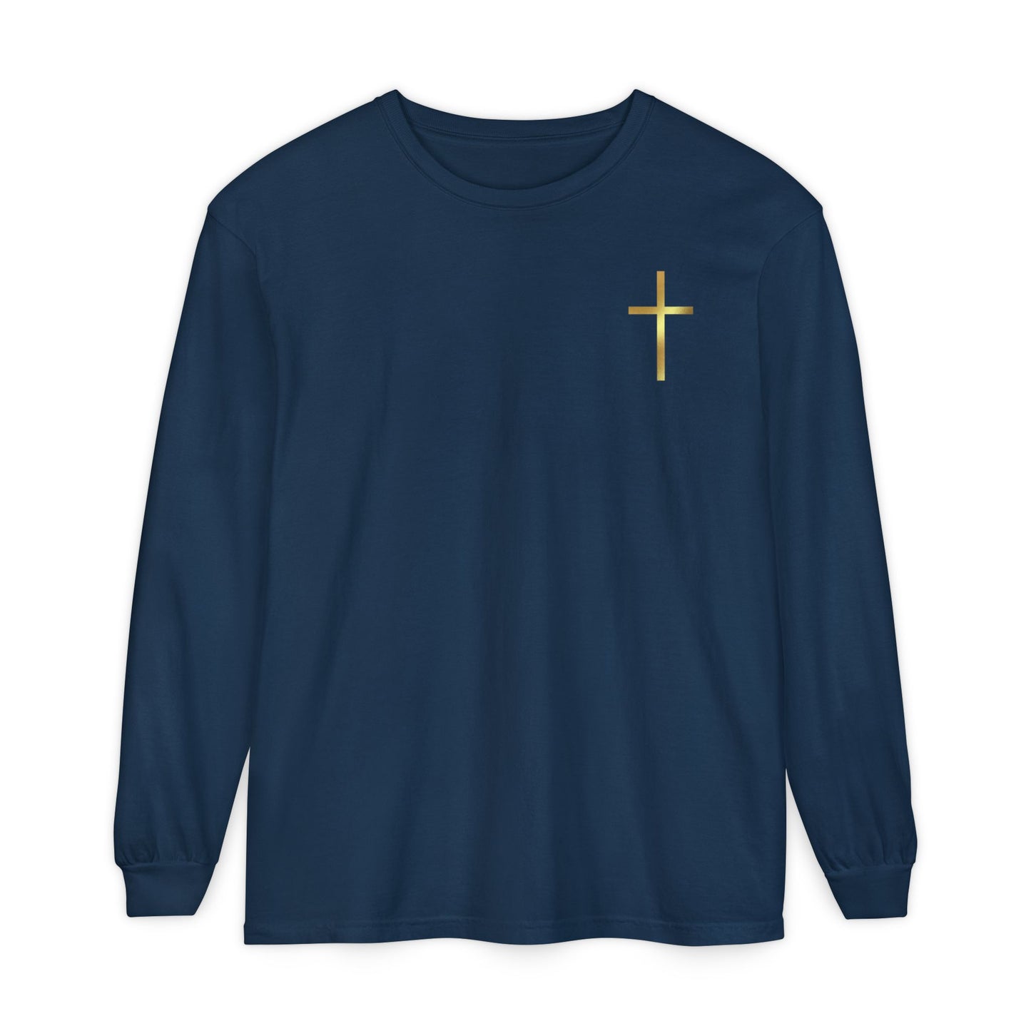 On the front of this custom Christian long sleeve shirt is a gold cross over the top left chest of the shirt.