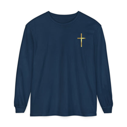 On the front of this custom Christian long sleeve shirt is a gold cross over the top left chest of the shirt.