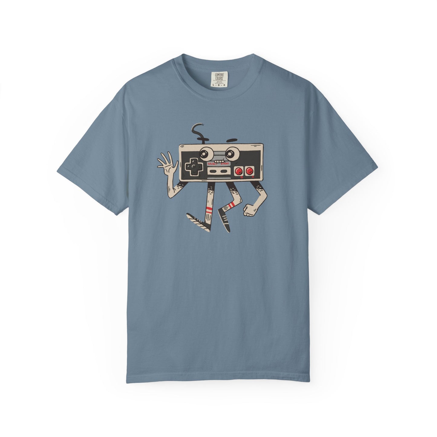 On the front of this custom vintage gaming short sleeve shirt is an image of a old school Nintendo controller, the controller has arms and legs and a face that makes it look like a cartoon character.