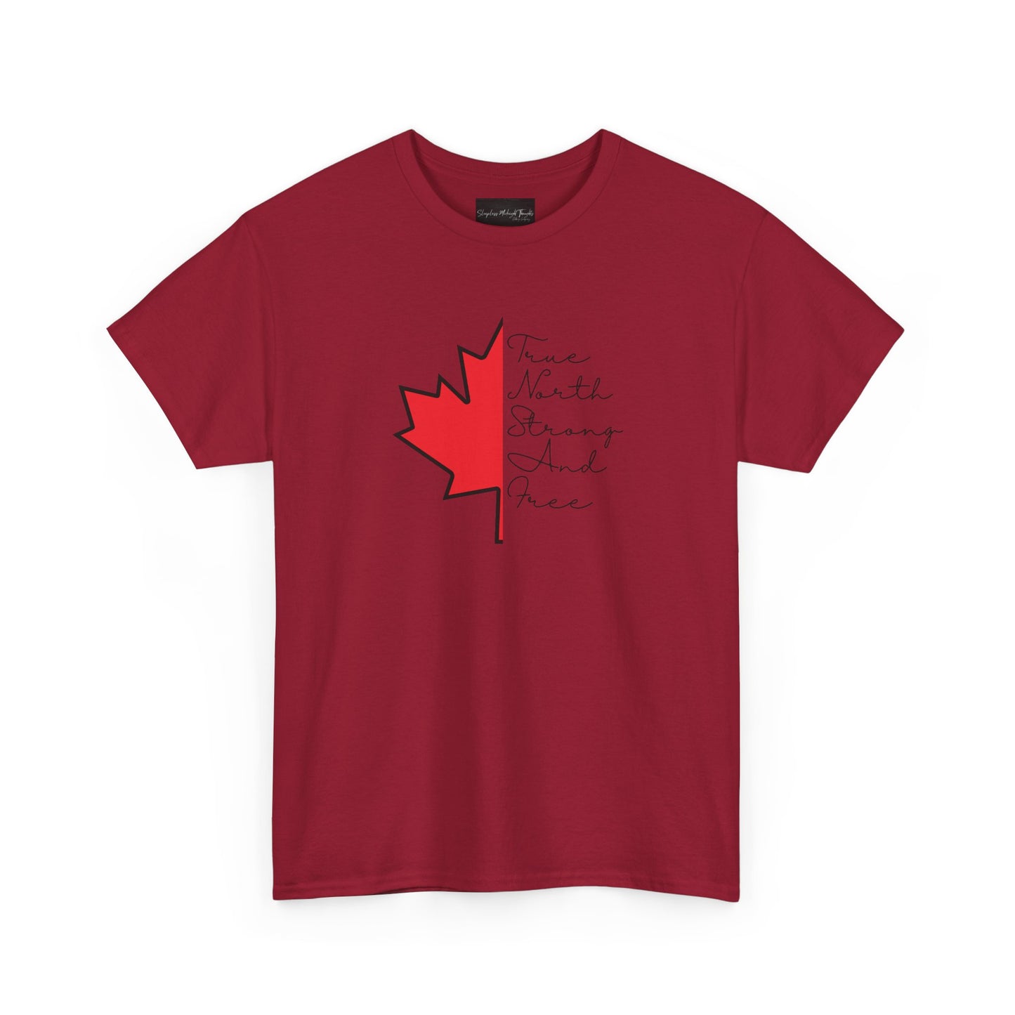 This custom handmade Canadian shirt comes with a maple leaf on the front center of the shirt, the words true north strong and free are in cursive on the other side of the maple leaf.