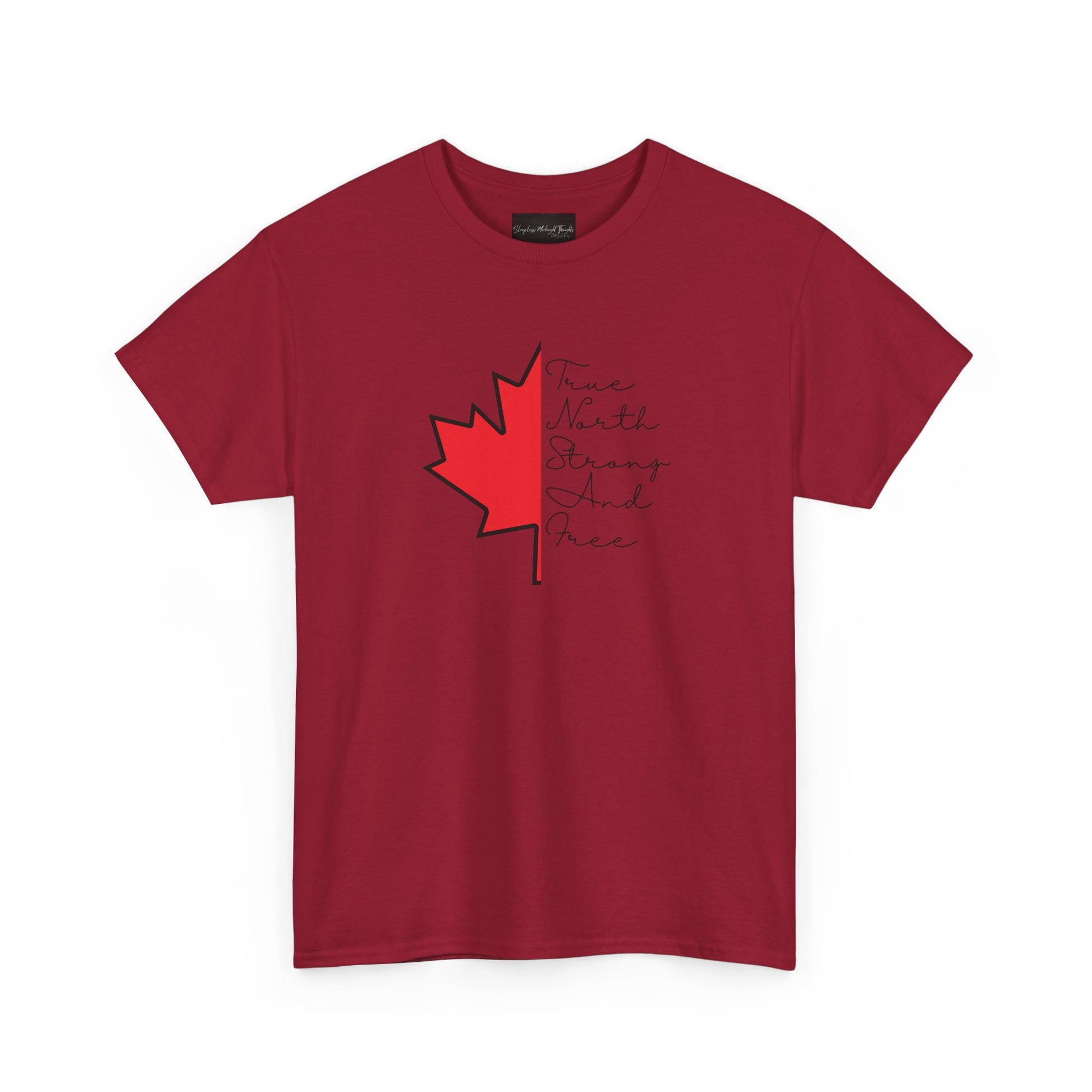 This custom handmade Canadian shirt comes with a maple leaf on the front center of the shirt, the words true north strong and free are in cursive on the other side of the maple leaf.