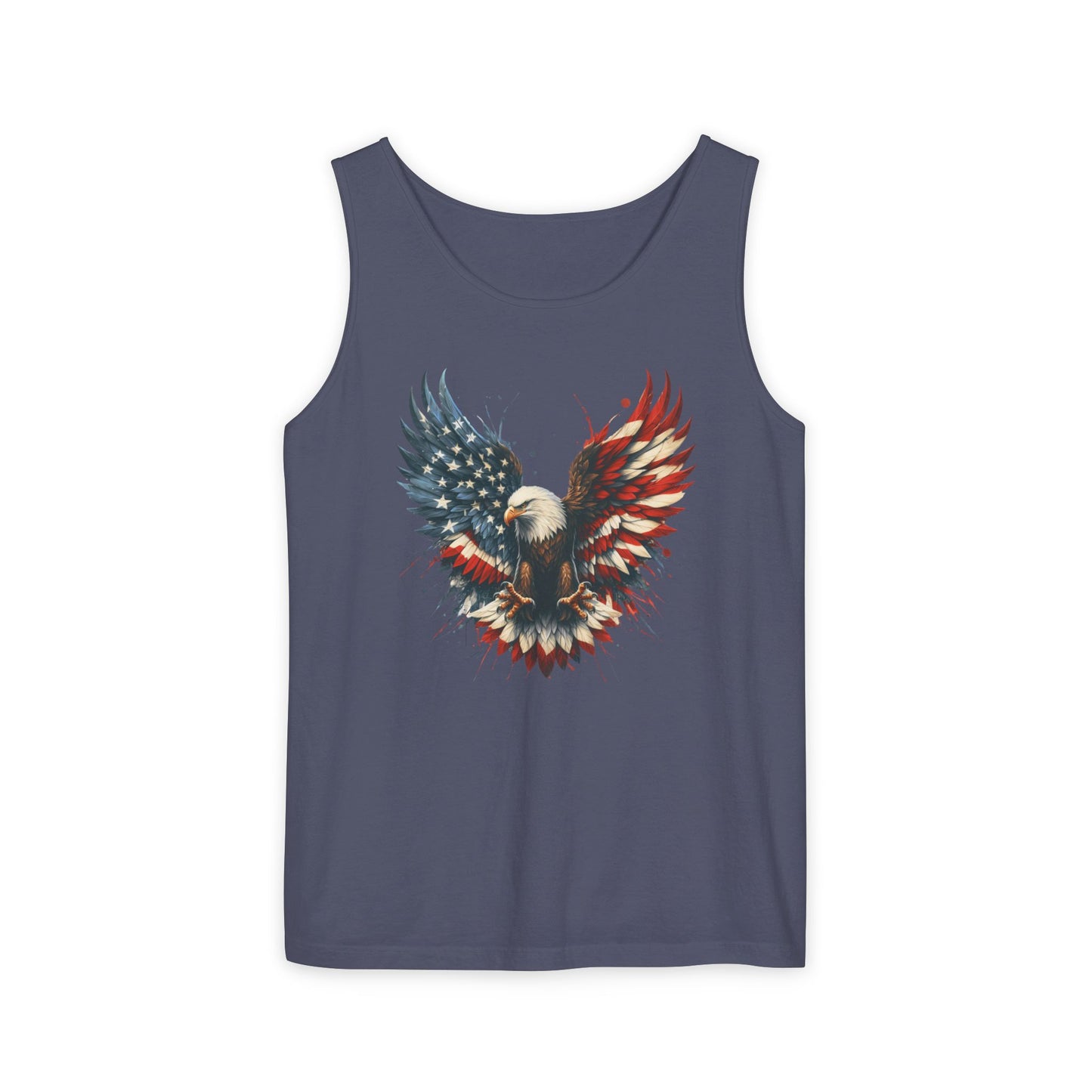 On the front of this unisex tank top is an image of an American Bald Eagle with it's wings out, the feathers of the bald eagle are the colors of the American flag being red, white and blue, there are also stars on one side of the eagle’s wings.