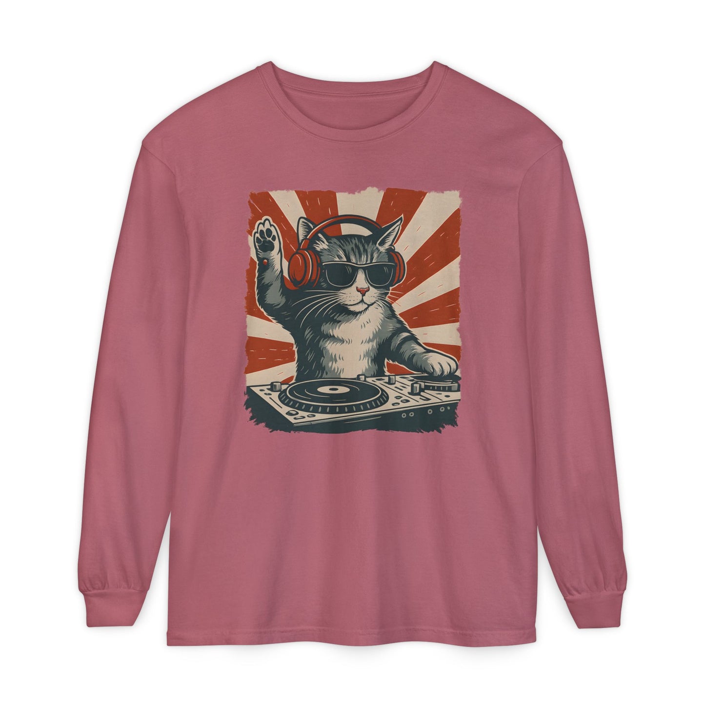On the front of this custom retro long sleeve shirt is a DJ playing music, except the DJ is a cat that is wearing headphones, there is a vintage red and ivory background behind the cat.
