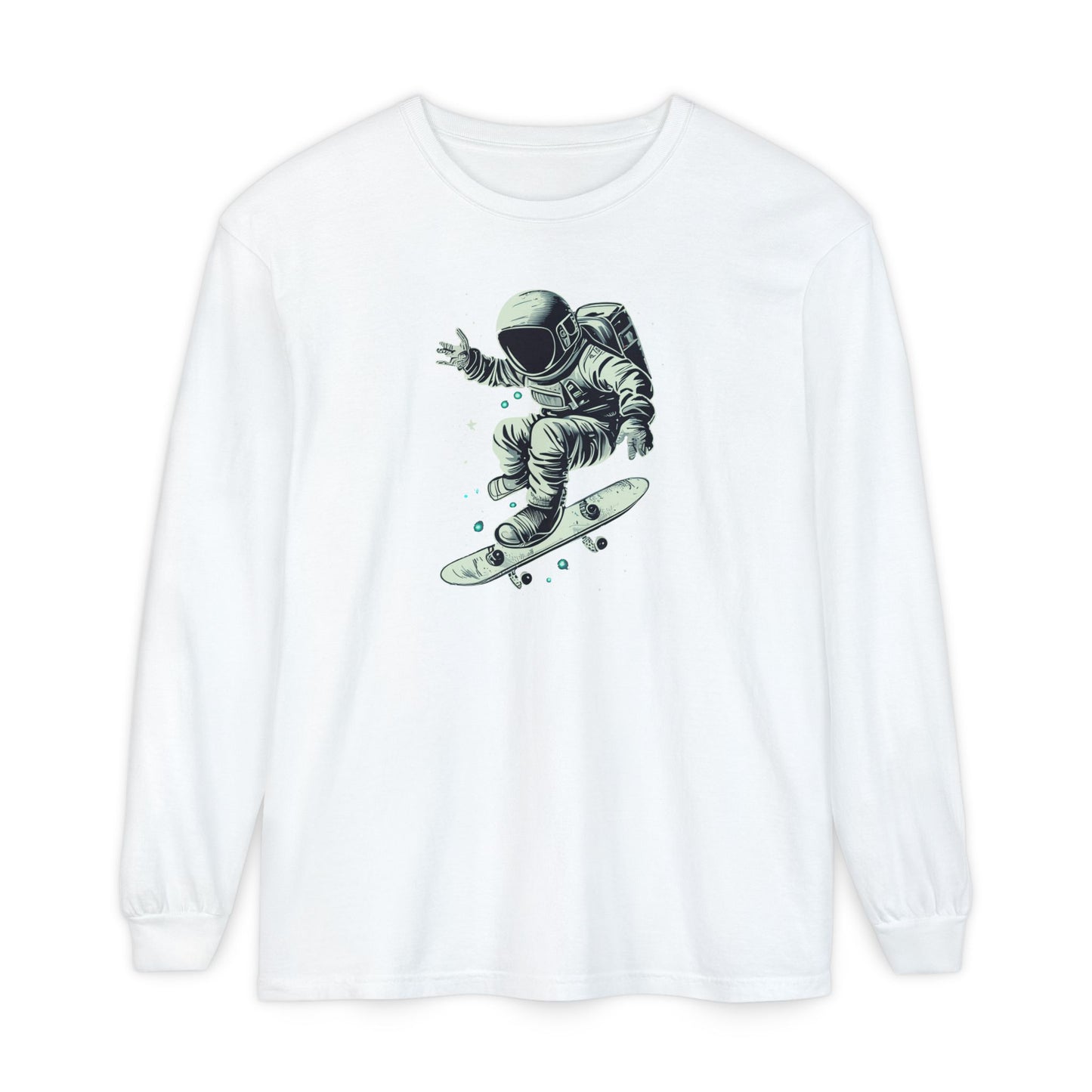 On the front of this custom unisex long sleeve shirt is an image of an astronaut riding a skateboard, there are a bunch of stars around the astronaut.