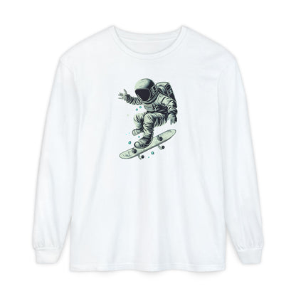 On the front of this custom unisex long sleeve shirt is an image of an astronaut riding a skateboard, there are a bunch of stars around the astronaut.