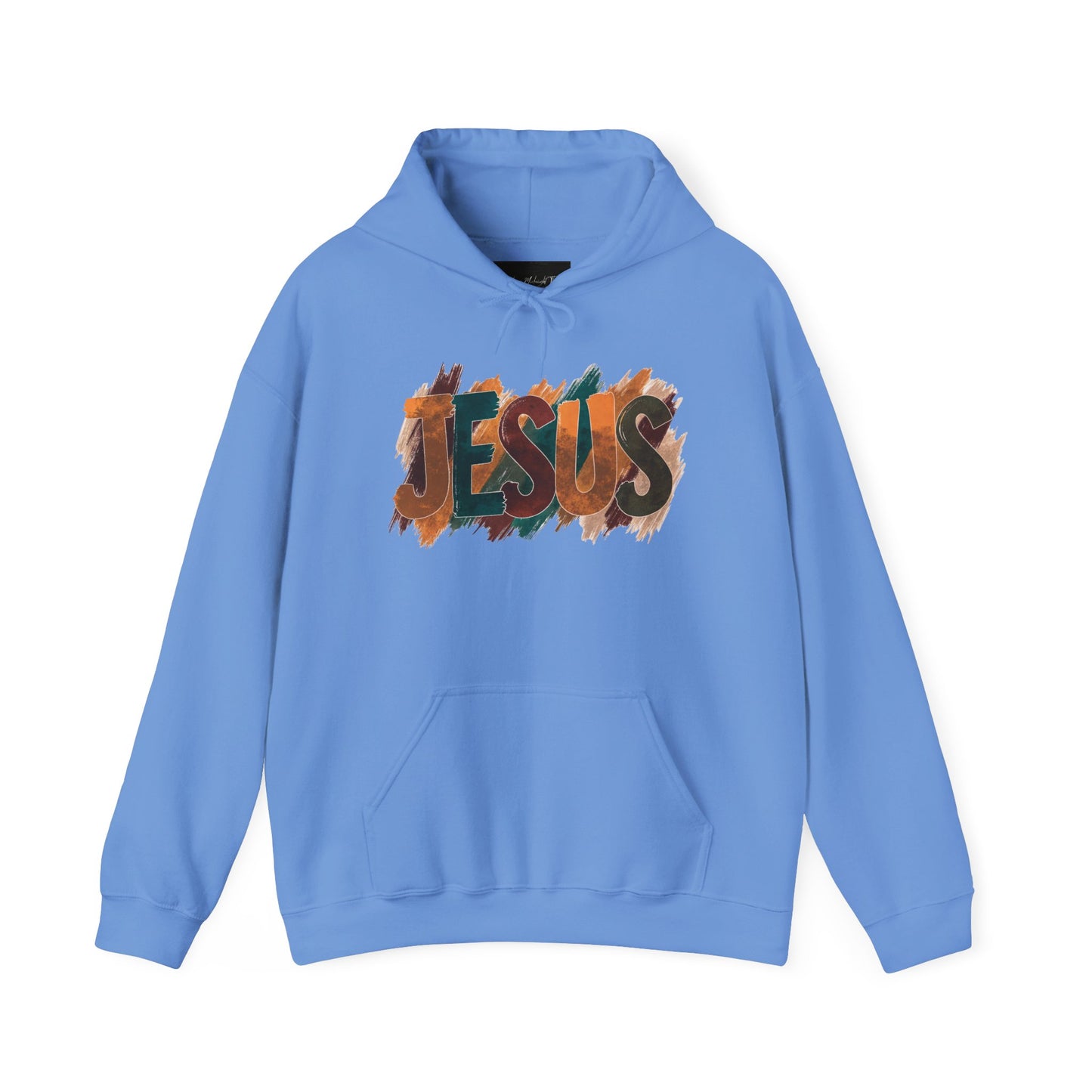 On the front of this Christian hoodie is the name Jesus is large bubble letters with each letter being a different Autumn color, this sweater is perfect for fall time.
