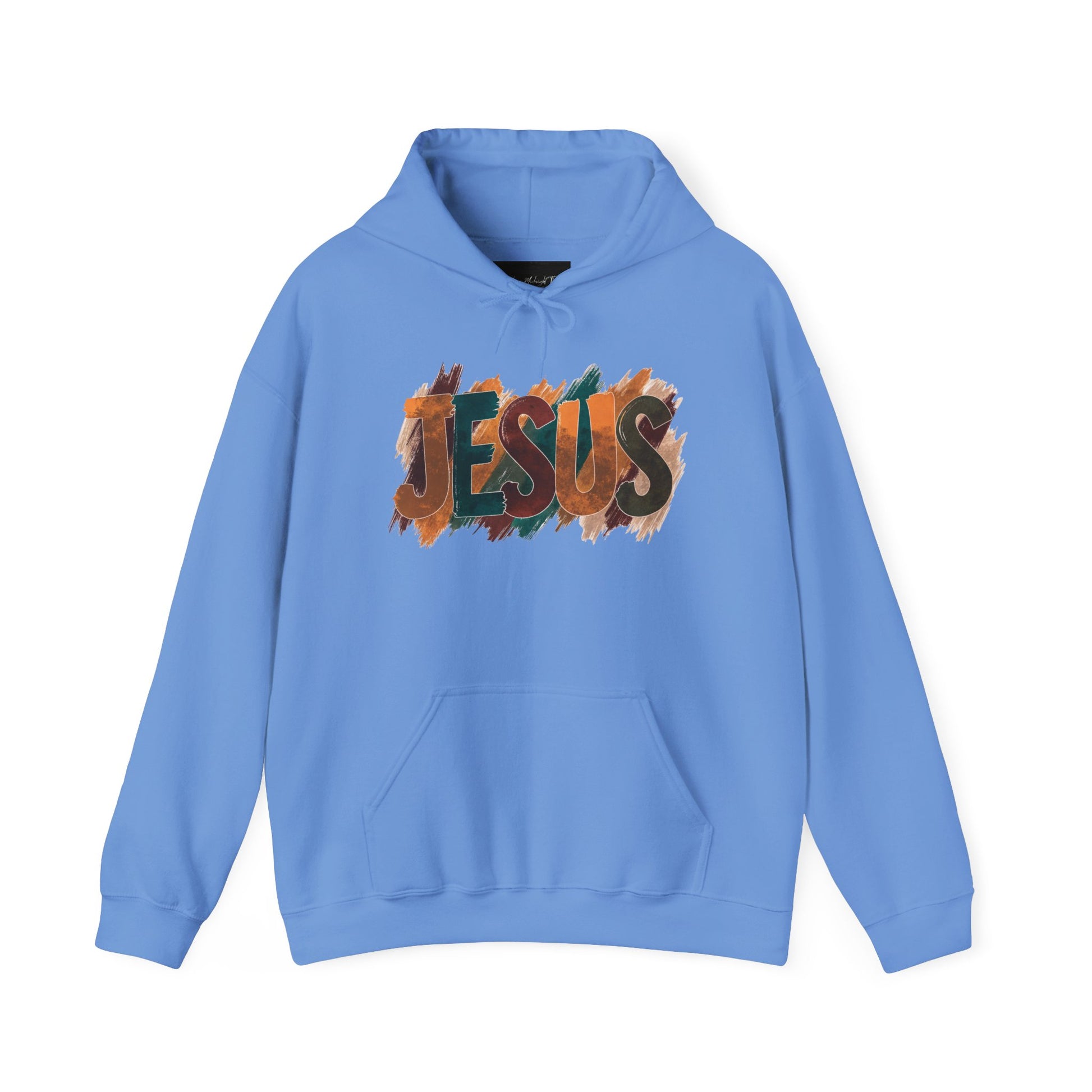 On the front of this Christian hoodie is the name Jesus is large bubble letters with each letter being a different Autumn color, this sweater is perfect for fall time.