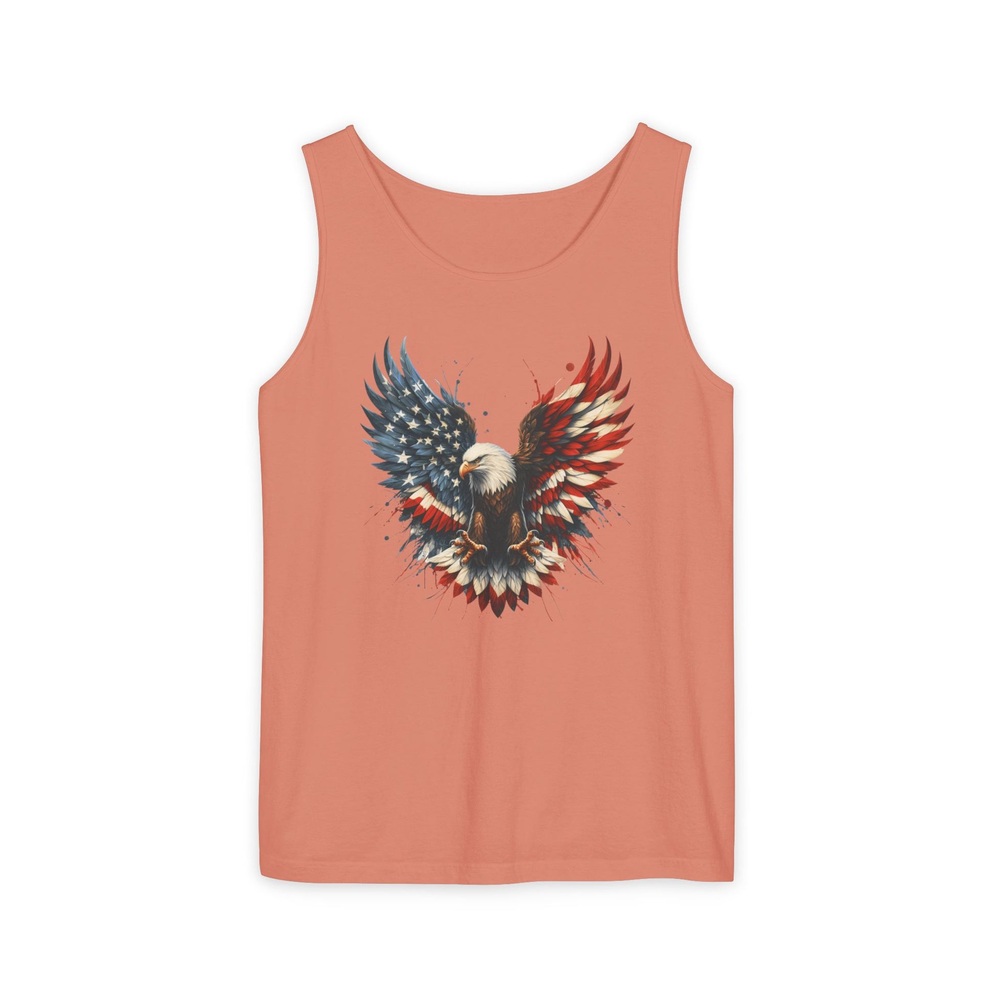 Peach tank top with an eagle design featuring the American flag on a white background