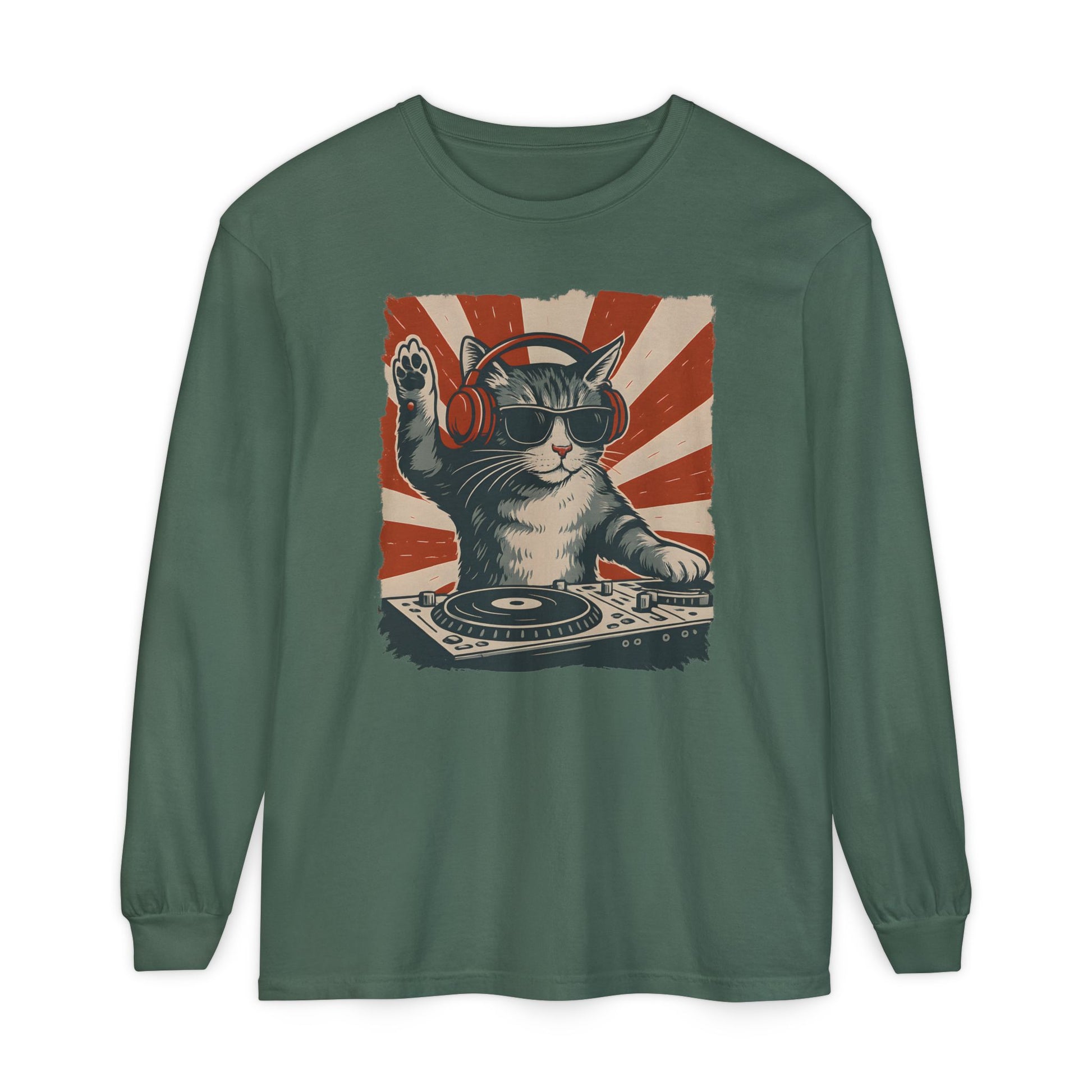 On the front of this custom retro long sleeve shirt is a DJ playing music, except the DJ is a cat that is wearing headphones, there is a vintage red and ivory background behind the cat.