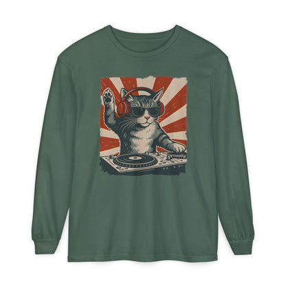 On the front of this custom retro long sleeve shirt is a DJ playing music, except the DJ is a cat that is wearing headphones, there is a vintage red and ivory background behind the cat.