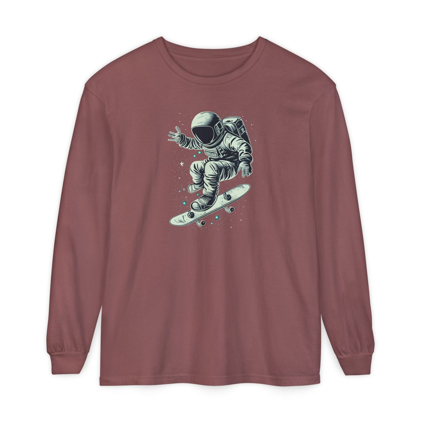 On the front of this custom unisex long sleeve shirt is an image of an astronaut riding a skateboard, there are a bunch of stars around the astronaut.