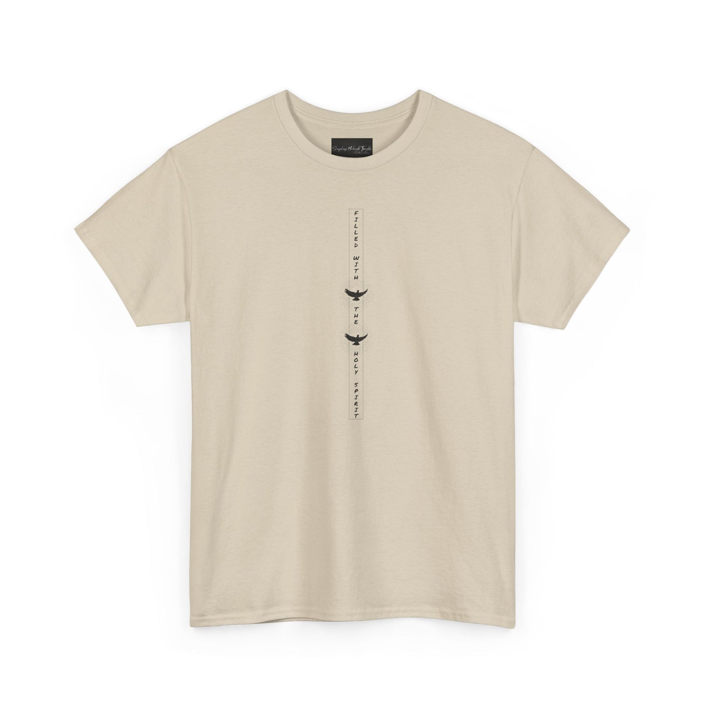 On the front of this custom unisex short sleeve shirt, starting from the neckline horizontally down are the words Filled with the Holy Spirit, there are two doves in-between the words.