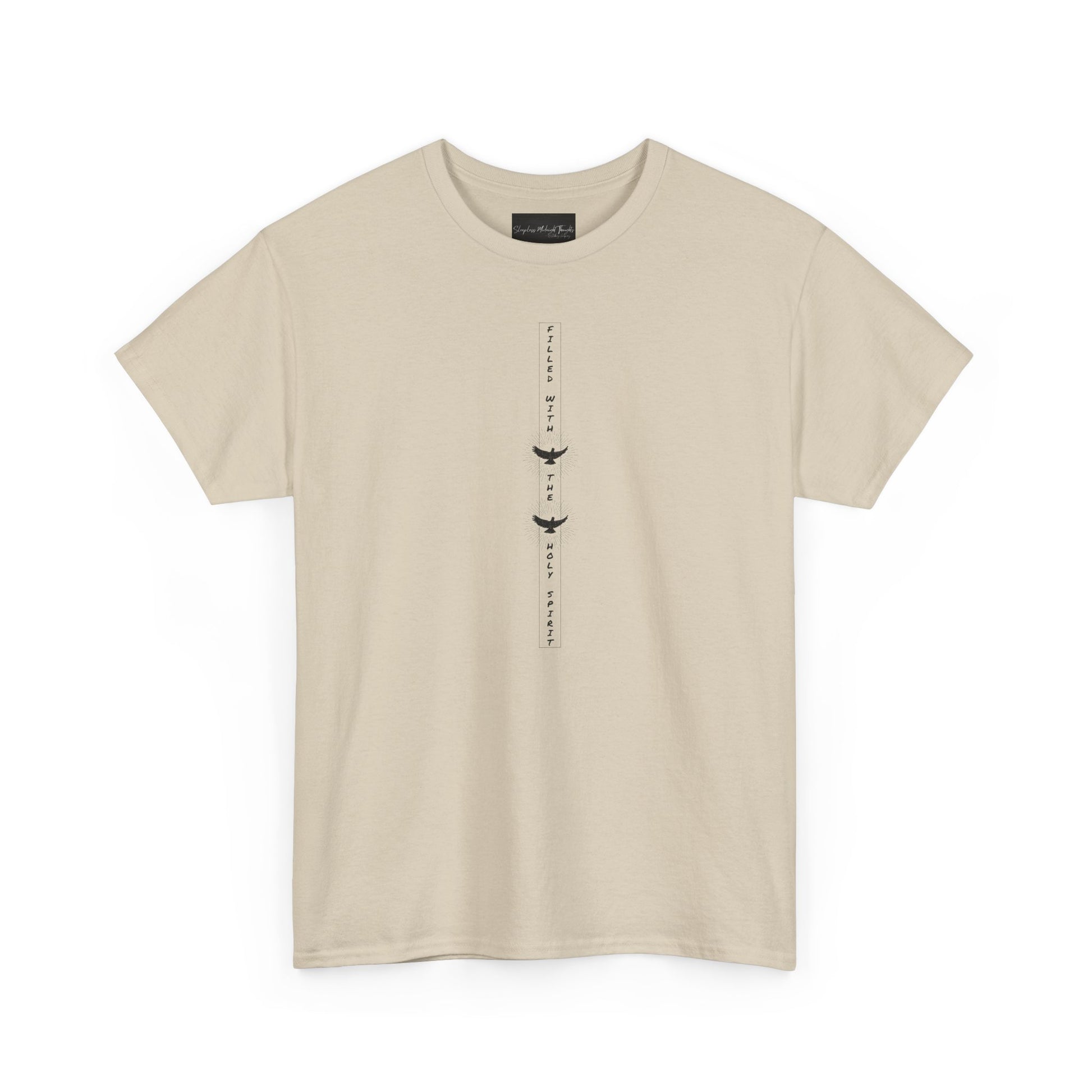 On the front of this custom unisex short sleeve shirt, starting from the neckline horizontally down are the words Filled with the Holy Spirit, there are two doves in-between the words.